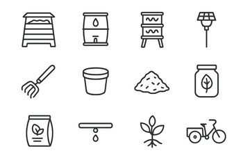 Sustainable Gardening Icons. Sustainable gardening. Line icon set of sustainable gardening: compost bin, rain barrel, worm farm, solar light, hand rake,