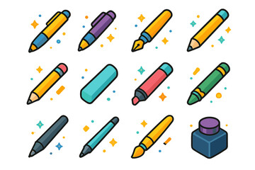 Colorful Writing Tools. Writing Tools. Colorful isometric vector icons set of writing tools: ballpoint pen, gel pen, fountain pen, mechanical pencil, wooden