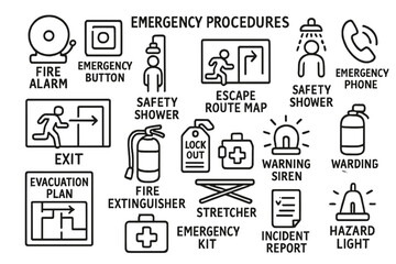 Emergency Procedures Icons. Hand-drawn doodle illustration emergency procedures in production fire alarm, emergency button, safety shower, emergency phone,