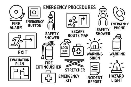 Emergency Procedures Icons. Hand-drawn doodle illustration emergency procedures in production fire alarm, emergency button, safety shower, emergency phone,