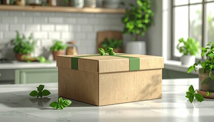 Stylish eco-friendly packaging featuring natural accents in a bright, modern kitchen setting, perfect for promoting sustainable brands and green initiatives