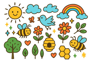 Naklejka premium Colorful Nature Doodle. Nature and bees. Colorful Hand-drawn doodle Children illustration bee, butterfly, bird, flower, cloud, sun, leaf, rainbow, hive,