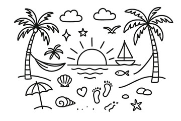 Tropical Sunset Doodle. Hand-drawn doodle illustration Sunset in tropical paradise [sun, palm tree, hammock, wave, shell, bird, star, cloud, sparkle, fish,