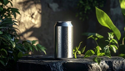 Refreshing drink on stone pedestal with lush green foliage, perfect for beverage ads, creating a cool, natural vibe for summer promos, or outdoor events