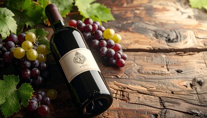 Elegant wine bottle and grapes on rustic wood, perfect for celebrating life's special moments and creating a cozy ambiance for gatherings
