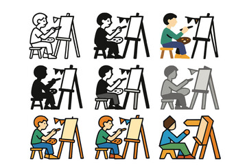 Young Artists Logo Grid. Set Logo of Young artists: Young artist at street fair. Logo set in vector style, emblematic variations.