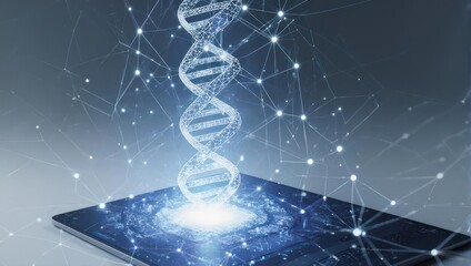 Discovering the future of life with glowing digital DNA helix emerging from a futuristic tablet screen in a network of interconnected lights
