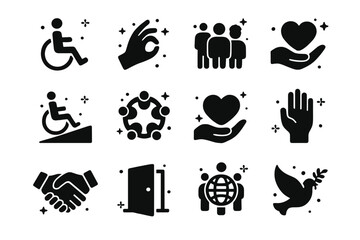 Inclusive Iconography Collection. Inclusion. Solid icons set of wheelchair symbol, sign language hand, diverse people, accessible ramp, inclusive circle,