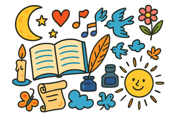 Whimsical Doodle Harmony. Poetic expression. Colorful Hand-drawn doodle Children illustration open book, feather quill, ink bottle, flying birds, moon, stars,