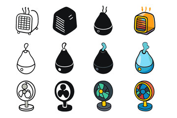 Portable Comfort Icons. Icon Set of Portable Comfort Appliances: Space heater, Humidifier, Portable fan. Icons set in vector style, emblematic variations.