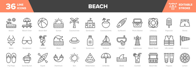 Beach Line Icon Set - Summer, Vacation, Sunset, Coconut Drink Vector Illustration © nawicon