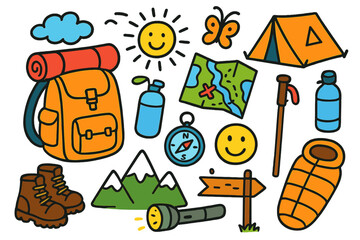 Hiking Adventure Icons. Colorful Hand-drawn doodle Children illustration Backpacking backpack, hiking boots, map, compass, water bottle, sun, mountain, tent,
