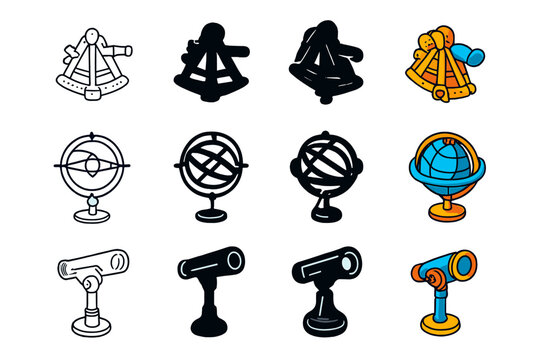 Astronomical Icon Set. Icon Set of Astronomical Instruments: Sextant, Celestial globe, Heliometer. Icons set in vector style,