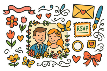 Naklejka premium Wedding Stationery Doodles. Colorful Hand-drawn doodle Children illustration Custom wedding stationery ribbon, flowers, pen,