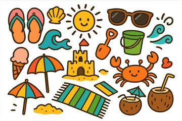 Obraz premium Beach Day Doodles. Colorful Hand-drawn doodle Children illustration Beach Day with Sandals flip flops, seashell, wave, sandcastle,