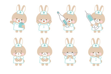 茶色ウサギの看護師　ポーズセット1　主線なし