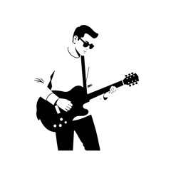 Black and white line art of a cool man playing guitar in casual outfit minimalist stylish illustration