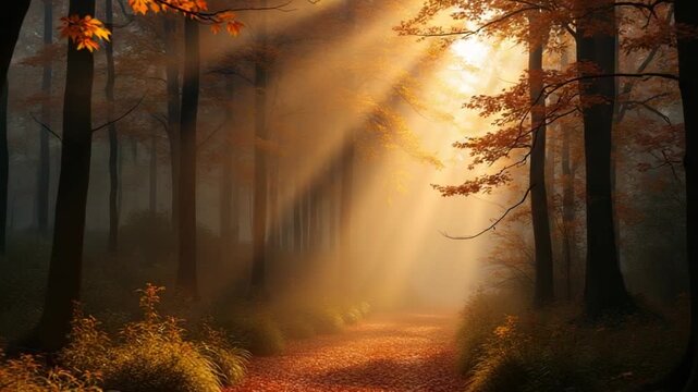 magic dark autumn forest scenery with rays of warm light