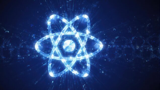 Stunning atomic symbol glows with vibrant energy and intricate digital network connections, representing scientific discovery and modern technology.