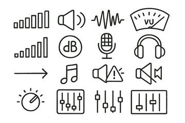 Audio Icon Illustration. Hand-drawn doodle illustration Audio level meters [volume bar, speaker, sound wave, VU meter, equalizer, dB icon,