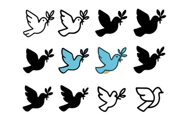 Cultural Dove Logos. Set Logo of religious myths and their cultural importance: dove with olive branch. Logo set in vector style,