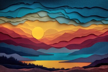 Layered paper art depicting a sunset over a lake and mountains