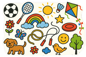Fototapeta premium Colorful Lawn Games Doodles. Colorful Hand-drawn doodle Children illustration Lawn Games [soccer ball, badminton racket, frisbee,