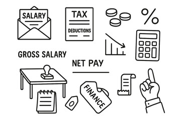 Tax Deduction Doodles. Hand-drawn doodle illustration salary and tax deductions envelope icon, tax paper, coins, deduction line, percentage symbol, calculator,