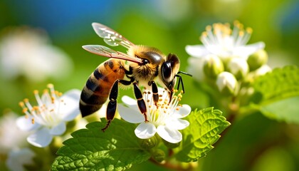 Bee pollinating white blossoms