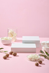Front view of shea nuts, shea butter cubes and cosmetic ingredients arranged elegantly on pink. Product stage suggests space for luxury item placement. Blank podium for product presentation