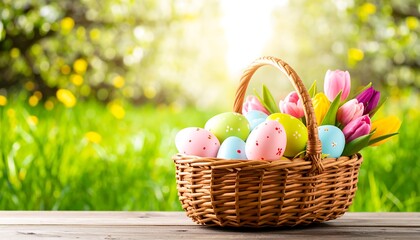 Easter basket with colorful eggs and tulips