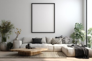 Minimalist living room with large framed canvas, sectional sofa, and plants