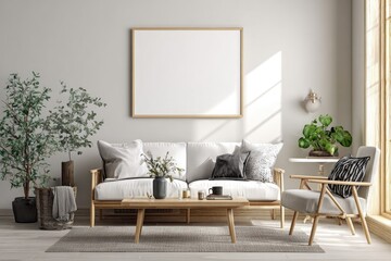 Minimalist living room with light wood furniture, plants, and a blank canvas