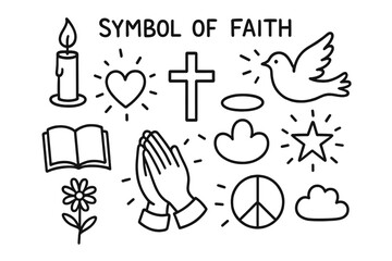 Faith Icon Doodles. Symbol of Faith. Hand-drawn doodle illustration symbol of faith candle, flame, cross, dove, halo, heart, star, rays of light, prayer hands,