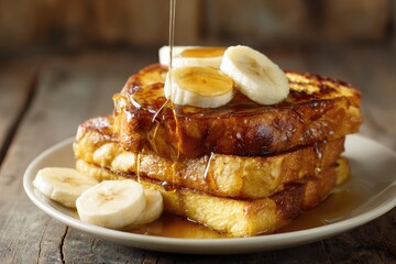 Golden French toast stack drizzled with syrup and topped with banana slices (1)