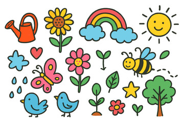 Spring Doodle Paradise. Springtime. Colorful Hand-drawn doodle Children illustration watering can, flower, butterfly, bee, rainbow, sun, cloud, sprout, leaf,