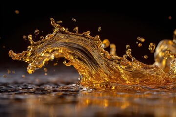 Amber liquid splashes elegantly, creating dynamic curves and droplets against a dark backdrop