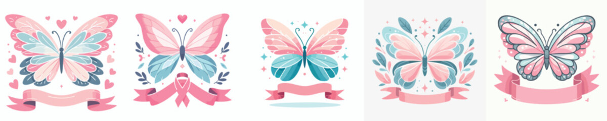 Awareness Butterfly Ribbon Vector Illustration – Pink Ribbon Symbol of Hope, Support, and Charity