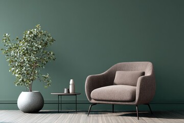 Modern armchair, plant, side table against a muted green wall