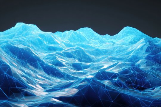 Abstract low-poly landscape, glowing blue, dark background