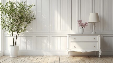 A pristine, sun-drenched room boasts elegant, antique-style white furniture, accented by a flowering plant and delicate pink blossoms.