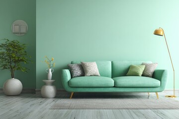 Minimalist living room, teal sofa, pale green walls