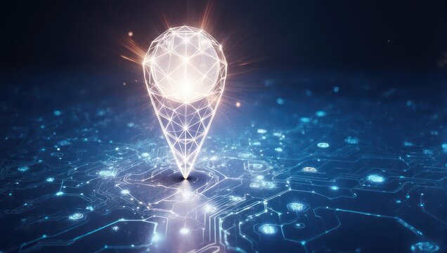Stunning glowing geometric location pin emerges from a futuristic digital circuit board, symbolizing connection and innovation.