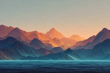 Serene sunset over a vast, misty mountain range