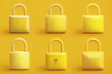 Six yellow padlocks, various angles, yellow background
