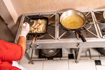 Chef preparing food in busy restaurant kitchen