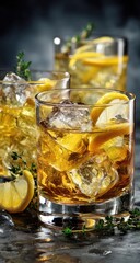 Golden iced beverage in rocks glasses, garnished with lemon and thyme sprigs