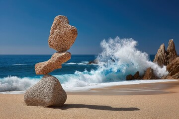 Balanced rocks on beach, crashing waves
