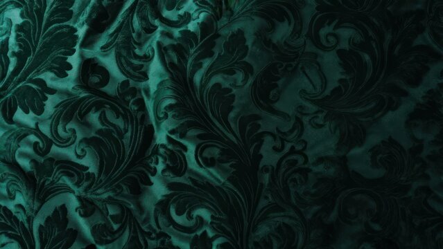 Luxurious emerald green velvet fabric with ornate damask pattern, evoking opulent and rich textures for elegant interior design or fashion projects
