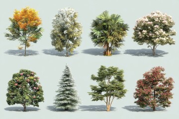Eight diverse trees, rendered digitally, showcasing seasonal variations